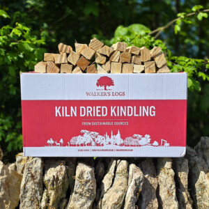 Walker’s Logs kiln dried kindling box filled with sustainably sourced firewood sticks, displayed outdoors — perfect for wood burners, stoves, and fireplaces.